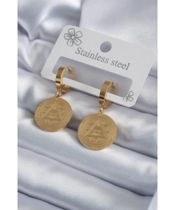 316L Çelik Gold Renk Pentagram İşleme Model Kadın Küpe