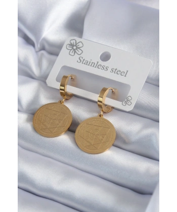 316L Çelik Gold Renk Pentagram İşleme Model Kadın Küpe