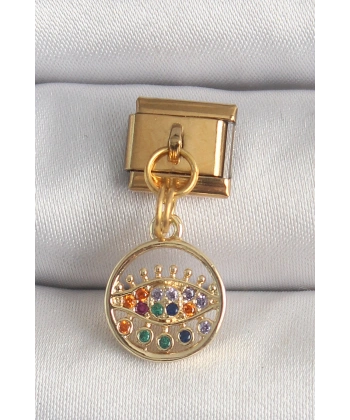 316L Çelik Gold Renk Sallantı Renkli Zirkon Taşlı Göz Model Nomination Charm