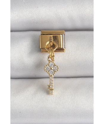 316L Çelik Gold Renk Sallantı Zirkon Taşlı Anahtar Model Nomination Charm