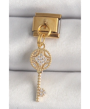 316L Çelik Gold Renk Sallantı Zirkon Taşlı Anahtar Model Nomination Charm
