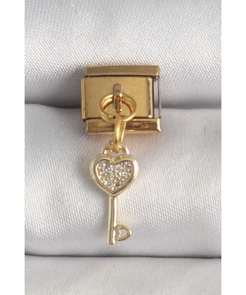 316L Çelik Gold Renk Sallantı Zirkon Taşlı Kalpli Anahtar Model Nomination Charm