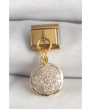 316L Çelik Gold Renk Sallantı Zirkon Taşlı Yonca Model Nomination Charm