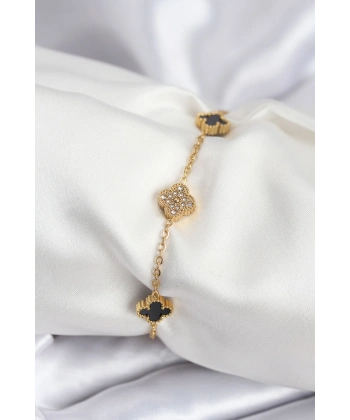 316L Çelik Gold Renk Siyah ve Zirkon Taşlı Baby Boy Yonca Kadın Bileklik