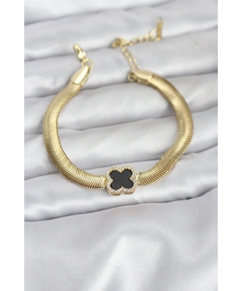 316L Çelik Gold Renk Siyah Yonca Model Zirkon Taşlı Yılan Zincirli Kadın Bileklik