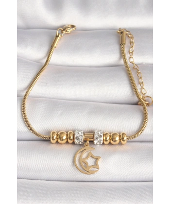 316L Çelik Gold Renk Tüp Zincir Zirkon Taş Detaylı Sallantı Ay Yıldız Figür Kadın Bileklik