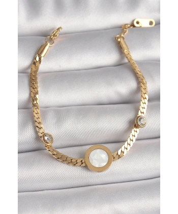 316L Çelik Gold Renk Yassı Zincir Model Zirkon Taş Detaylı Beyaz Mineli Madalyon Model Kadın Bileklik