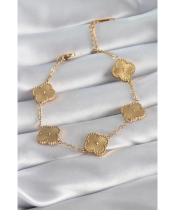 316L Çelik Gold Renk Yonca Model İşleme Detay Kadın Bileklik