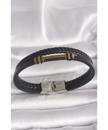 316L Çelik Gold Renk ZikZak İşlemeli Aksesuarlı Çift Sıra Burgu Desenli Deri Kordon Erkek Bileklik