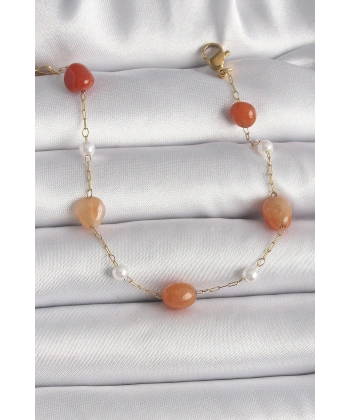 316L Çelik Gold Renk Zincir Turuncu Doğaltaş Model İnci Detay Kadın Bileklik