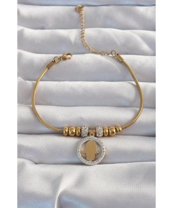 316L Çelik Gold Renk Zirkon Taş Aksesuarlı Fatma Ana Eli Bileklik