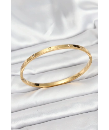 316L Çelik Gold Renk Zirkon Taşlı 65 mm İnce Kadın Kelepçe Bileklik