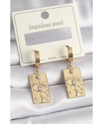 316L Çelik Gold Renk Zirkon Taşlı Göz İşleme Detay Plaka Model Kadın Küpe