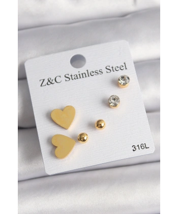 316L Çelik Gold Renk Zirkon Taşlı Kalpli Kadın Küpe Seti
