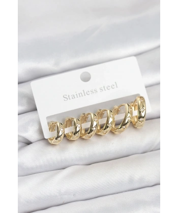 316L Çelik Gold Renk Zirkon Taşlı Kutup Yıldızı Model Halka Küpe Seti