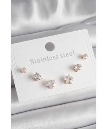 316L Çelik Gold Renk Zirkon Taşlı Yıldız Model Kadın Küpe Seti