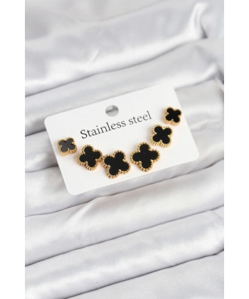 316L Çelik Gold Siyah Renk 3 Boy Yonca Küpe Seti