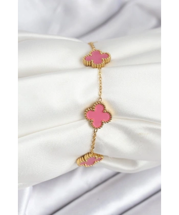 316L Çelik Gold Zincir Pembe Yonca Renk Bileklik