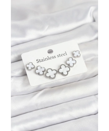 316L Çelik Gümüş Beyaz Renk 3 Boy Yonca Küpe Seti