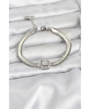 316L Çelik Gümüş Renk Baget Zirkon Taşlı Yılan Zincirli Kadın Bileklik