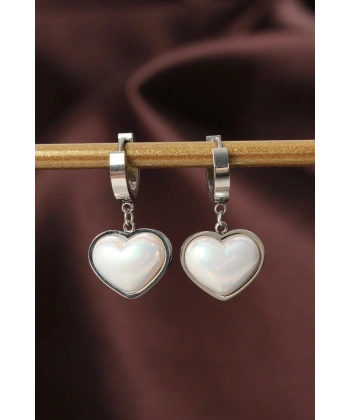 316L Çelik Gümüş Renk Beyaz Bombeli Kalp Küpe