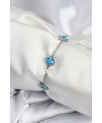 316L Çelik Gümüş Renk Buz Mavisi Baby Boy Yonca Kadın Bileklik