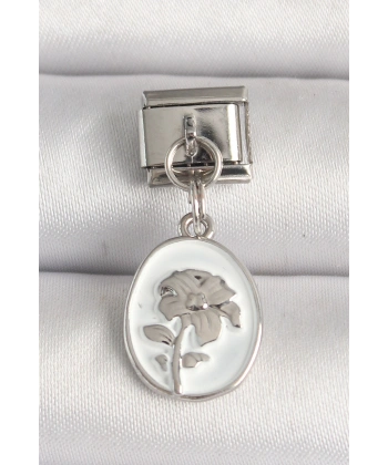 316L Çelik Gümüş Renk Çiçek İşlemeli Beyaz Portre Model Nomination Charm