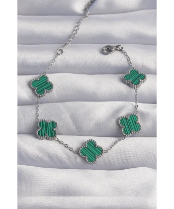 316L Çelik Gümüş Renk Çizgili Yeşil Mineli Yonca Bileklik