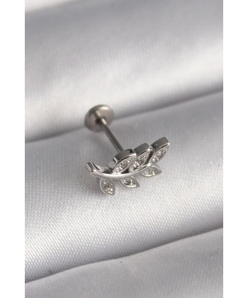 316L Çelik Gümüş Renk Dal Model Zirkon Taş Detaylı Tragus Piercing