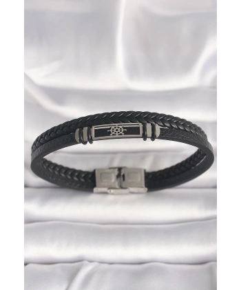 316L Çelik Gümüş Renk Gemi Dümeni Figür Siyah Burgu Deri Kordon Model Erkek Bileklik