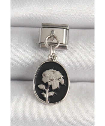 316L Çelik Gümüş Renk Gümüş Çiçek İşlemeli Siyah Portre Model Nomination Charm