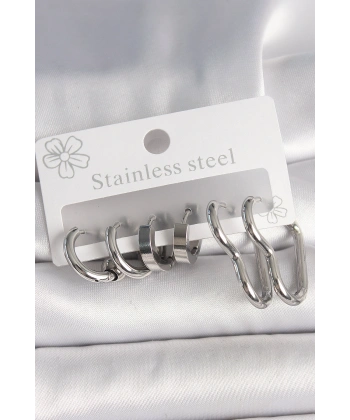 316L Çelik Gümüş Renk Kalp Halka Model Kadın Küpe Seti