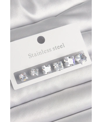 316L Çelik Gümüş Renk Kare Zirkon Taşlı Kadın Küpe Seti