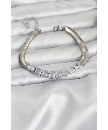 316L Çelik Gümüş Renk Kare Zirkon Taşlı Yılan Zincirli Kadın Bileklik