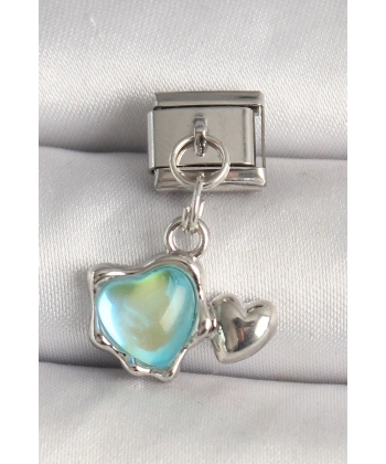 316L Çelik Gümüş Renk Mavi Mineli Kalp Model Nomination Charm
