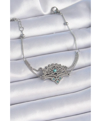 316L Çelik Gümüş Renk Mavi Taşlı Etnik Desen Kadın Bileklik