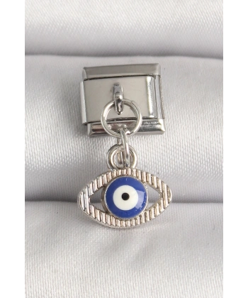 316L Çelik Gümüş Renk Nazar Boncuk Detaylı Göz Model Nomination Charm
