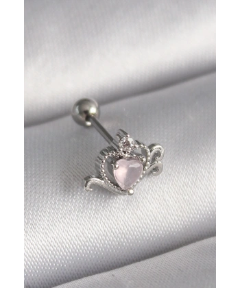 316L Çelik Gümüş Renk Pembe Mineli Kalp Zirkon Taş Detay Tragus Piercing