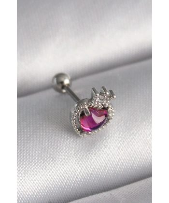 316L Çelik Gümüş Renk Pembe Mineli Kalp Zirkon Taş Detaylı Taç Tragus Piercing