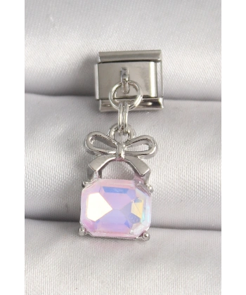 316L Çelik Gümüş Renk Pembe Zirkon Taşlı Çanta Model Nomination Charm