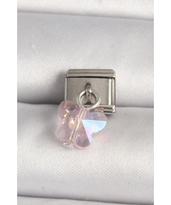 316L Çelik Gümüş Renk Pembe Zirkon Taşlı Kelebek Model Nomination Charm