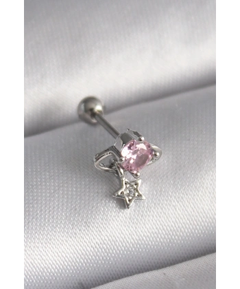 316L Çelik Gümüş Renk Pembe Zirkon Taşlı Sallantı Yıldız Detay Tragus Piercing