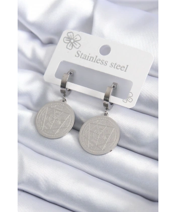 316L Çelik Gümüş Renk Pentagram İşleme Model Kadın Küpe