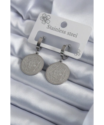 316L Çelik Gümüş Renk Pentagram Yıldızı İşleme Kadın Küpe