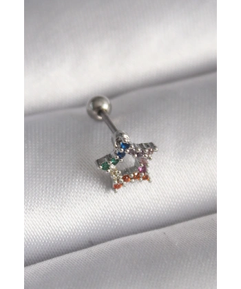 316L Çelik Gümüş Renk Renkli Zirkon Taşlı Yıldız Model Tragus Piercing
