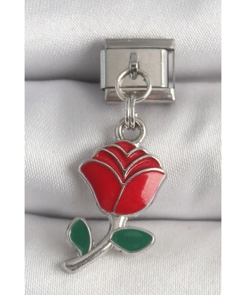 316L Çelik Gümüş Renk Sallantı Kırmızı Gül Model Nomination Charm