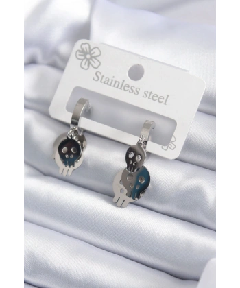 316L Çelik Gümüş Renk Sallantı Kuru Kafa Model Kadın Küpe