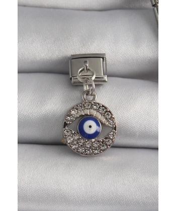 316L Çelik Gümüş Renk Sallantı Zirkon Taşlı Göz Model Nazar Boncuk Detay Nomination Charm