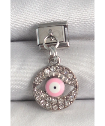316L Çelik Gümüş Renk Sallantı Zirkon Taşlı Pembe Göz Model Nomination Charm