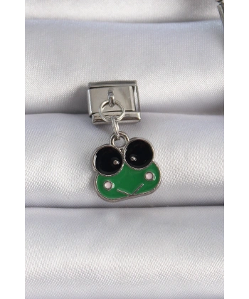 316L Çelik Gümüş Renk Sallantılı Yeşil Kurbağa Figür Nomination Charm